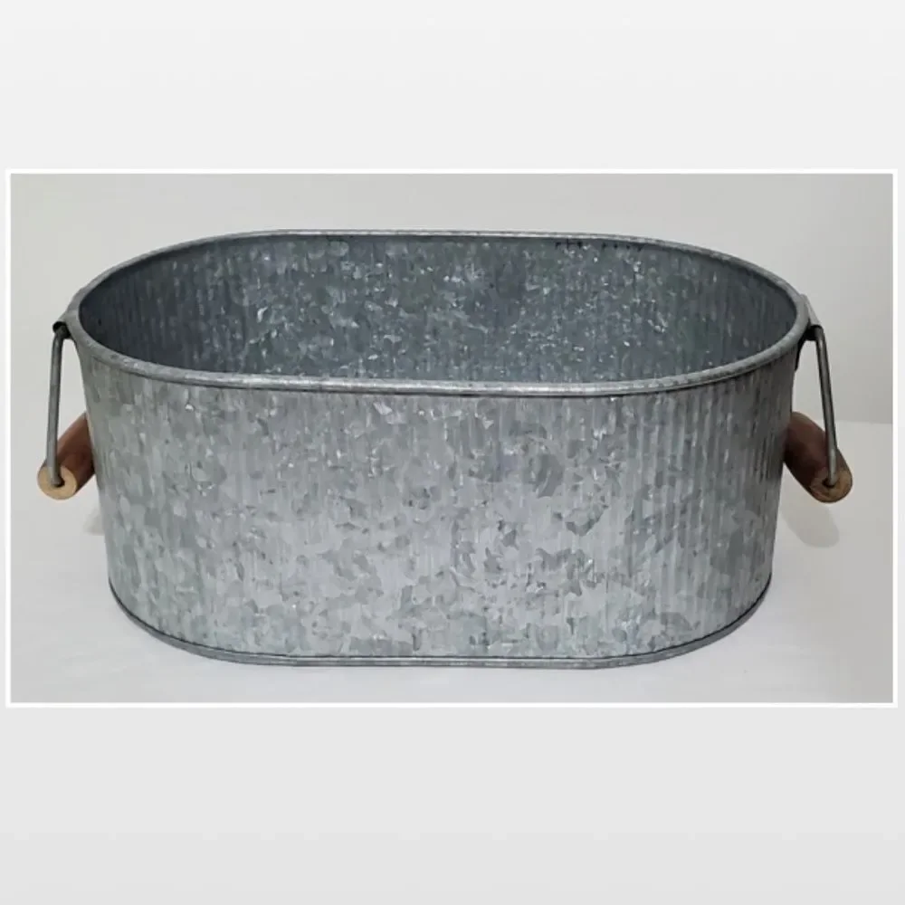 New Bucket Oval Silver Metal Tin Country Pale Farmhouse Storage Caddy Handles NW